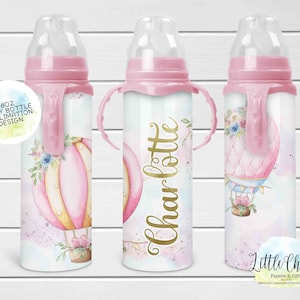 Pink Hot Air Balloon 8oz Baby Bottle Sublimation Design, Watercolor Hot Air Balloon Sublimation Baby Bottle PNG File, Instant Download