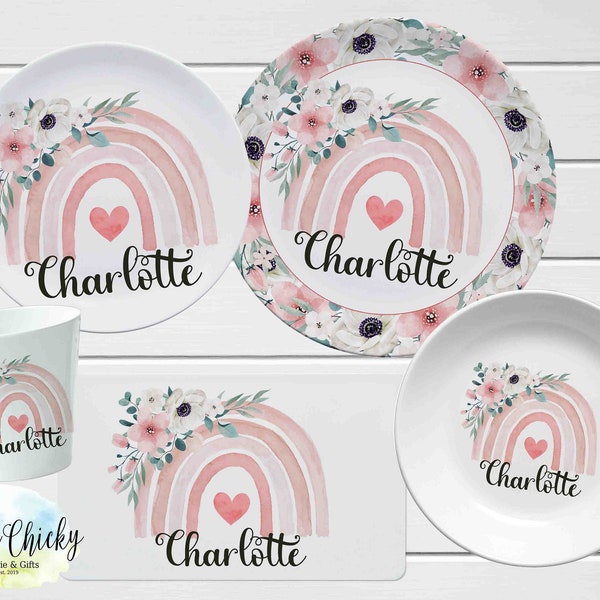 Pink floral Boho Rainbow Personalized Plate Set, Rainbow Melamine Plate set, Birthday Gift, First Birthday, Baby Shower Gift, girl gift