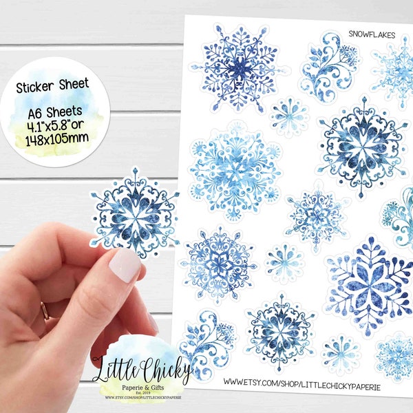 Sticker Sheet - Watercolor Snowflakes, Winter Stickers, Planner Stickers, Scrapbook Stickers, Journal Stickers, Christmas Stickers