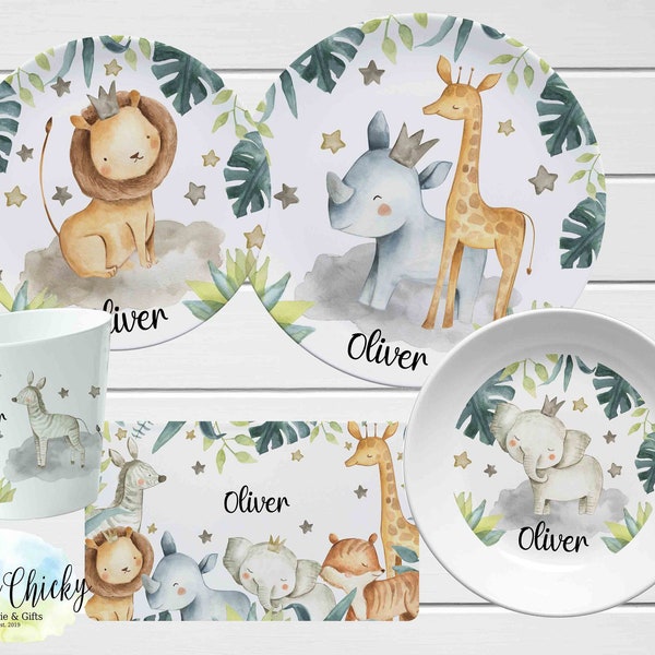 Safari-Tiere Kinderteller-Set, Dschungeltiere personalisierte Teller, Tasse, Melamin-Teller, erster Geburtstagsgeschenk, Taufengeschenk, Babygeschenk