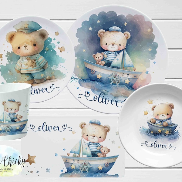 Nautical Teddy Bear Children's Plate set, Sailor Bear Personalized Plate, Cup, Melamine Plate, First Birthday Gift, Baptism Gift, Baby Gift