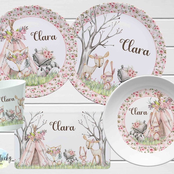 Personalized Pink Woodland Animals Children's Plate set, Pink Forest Animals Melamine Set, Birthday Gift, Baptism Gift, Children's Gift