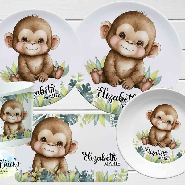 Monkey Children's Plate set, Monkey Personalized Plate, Cup, Melamine Plate Set, Watercolor Monkey, Birthday Gift, First Birthday, Baby Gift