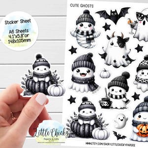 Folha de adesivos - adesivos fantasmas fofos, adesivos de planejador de Halloween, adesivos de scrapbook, adesivos de diário, adesivos não assustadores de Halloween