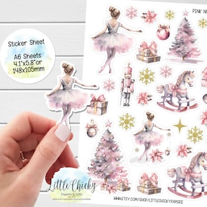 Folha de adesivos - Adesivos de Natal quebra-nozes rosa, adesivos de planejador, adesivos de scrapbook, adesivos de diário, adesivos de Natal, feriados