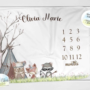 Woodland Animals Milestone Blanket, Monthly Photo Blanket, Personalized Milestone Blanket, Woodland Animals Blanket, Baby Shower Gift