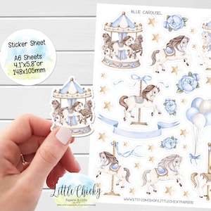 Folha de adesivos - Adesivos de carrossel azul aquarela, adesivos de planejador, adesivos de scrapbook, adesivos de bebê, adesivos de diário, adesivos de bebê