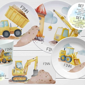 Personalized Construction Children's Plate set, Construction Vehicles Melamine Set, Birthday Gift, Baptism Gift, Children's Gift Set FIVE