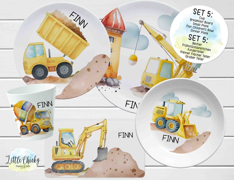 Personalized Construction Children's Plate set, Construction Vehicles Melamine Set, Birthday Gift, Baptism Gift, Children's Gift Set FIVE