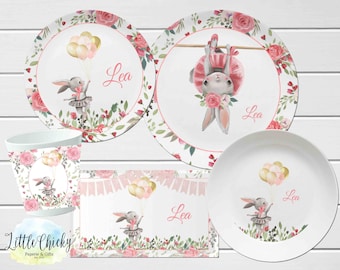 Ensemble d’assiettes pour enfants Ballet Bunny, assiette personnalisée pour enfants Bunny, tasse, assiette en mélamine, cadeau d’anniversaire, premier anniversaire, cadeau de baby shower