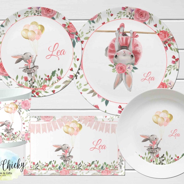 Ensemble d’assiettes pour enfants Ballet Bunny, assiette personnalisée pour enfants Bunny, tasse, assiette en mélamine, cadeau d’anniversaire, premier anniversaire, cadeau de baby shower