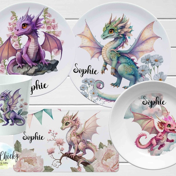 Pastel Dragon Children's Plate set, Dragon Personalized Plate, Cup, Melamine Plate, Birthday Gift, First Birthday, Baby Gift