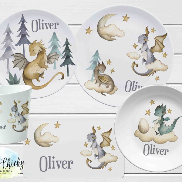 Dragon Children's Plate set, Watercolor Dragon Personalized Plate, Cup, Melamine Plate, Birthday Gift, First Birthday, Baby Gift, Boy, Girl