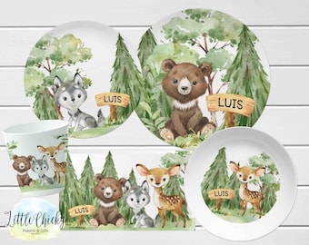 Woodland Animals Children's Plate set, Forest Animals Children's Personalized Plate, Cup, Melamine Plate, Birthday Gift, First Birthday