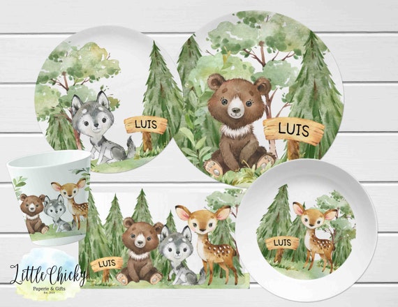 Set di piatti per bambini degli animali del bosco, piatto personalizzato  per bambini degli animali della foresta, tazza, piatto in melamina, regalo  di compleanno, primo compleanno -  Italia