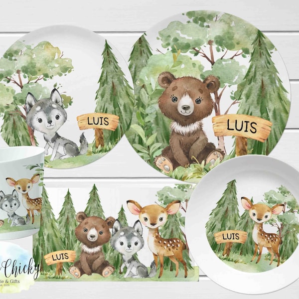 Waldtiere Kinderteller Set, Waldtiere Kinderteller, Tasse, Melaminteller, Geburtstagsgeschenk, Erster Geburtstag