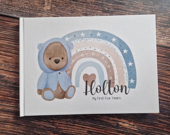 Blue Boho Bear Baby Keepsake Journal, Rainbow Bear Baby Book, Milestone Stickers, Primi cinque anni, Primo anno Baby Book, Baby Shower Gift