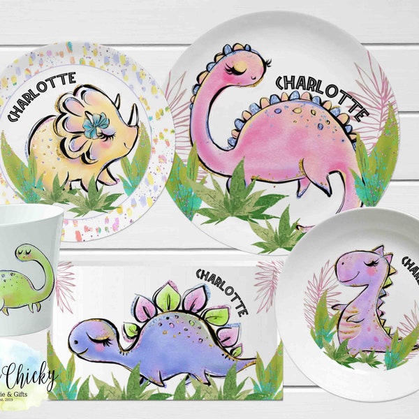 Girl Dinosaur Children's Plate set, Dinosaur Personalized Plate, Cup, Melamine Plate, Birthday Gift, First Birthday, Baby Gift, Gift Gift
