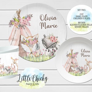 Woodland Animals Children's Plate set, Pink Forest Animals Personalized Plate, Cup, Melamine Plate, Birthday Gift, First Birthday, Baby Gift Set TWO