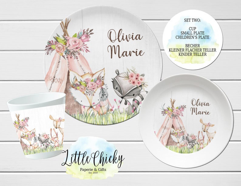 Woodland Animals Children's Plate set, Pink Forest Animals Personalized Plate, Cup, Melamine Plate, Birthday Gift, First Birthday, Baby Gift Set TWO