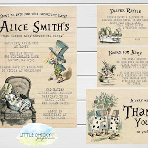 Alice in Wonderland Baby Shower invitation Set with Thank you, Diaper Raffle Card, Books for Baby Card, Mat Hatter Baby Shower invitation