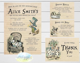 Alice in Wonderland Baby Shower invitation Set with Thank you, Diaper Raffle Card, Books for Baby Card, Mat Hatter Baby Shower invitation