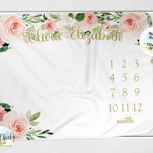 Personalized Blush Floral Baby Milestone Blanket, Monthly Photo Blanket, Personalized Milestone Blanket, Keepsake Blanket, Baby Gift