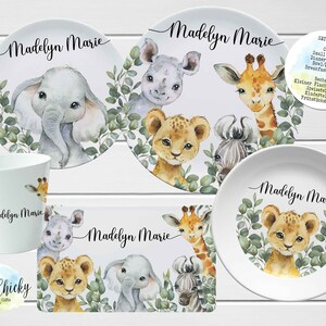 Safari Animals Children's Plate set, Jungle Animals Personalized Plate, Cup, Melamine Plate, Birthday Gift, First Birthday, Baby Gift Set FIVE