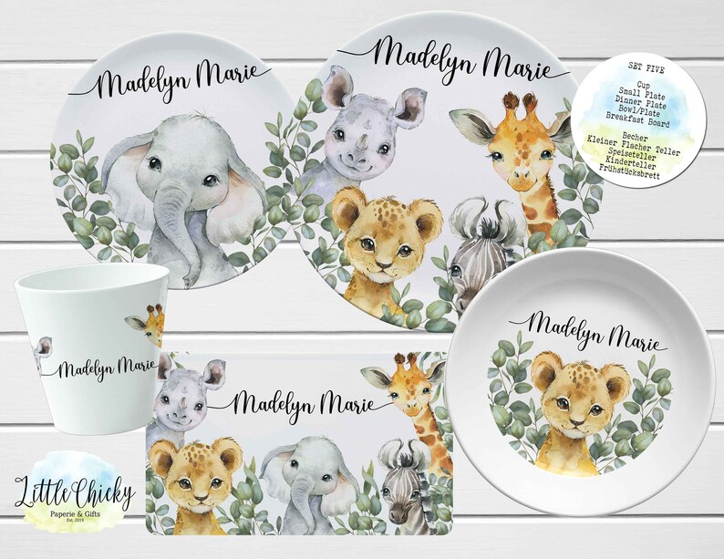 Safari Animals Children's Plate set, Jungle Animals Personalized Plate, Cup, Melamine Plate, Birthday Gift, First Birthday, Baby Gift Set FIVE