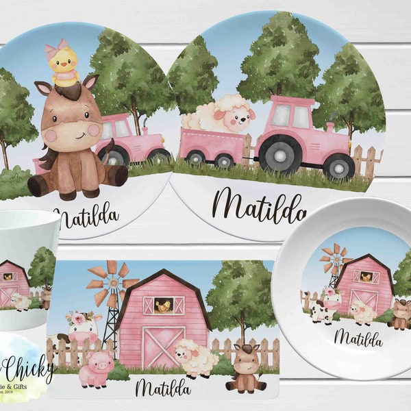 Farm Animals Children's Plate set, Pink Barnyard, Farm Children's Personalized Plate, Cup, Melamine Plate, Birthday Gift, First Birthday