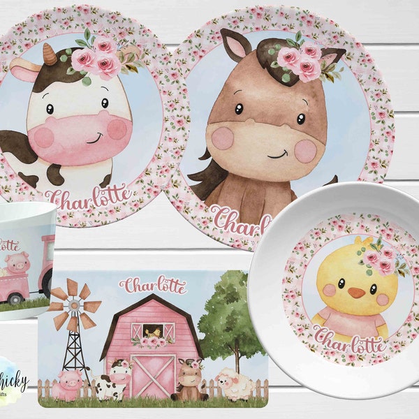 Personalized Pink Farm Animals Children's Plate set, Pink Barnyard Personalized Melamine Set, Birthday Gift, Baptism Gift, Children's Gift