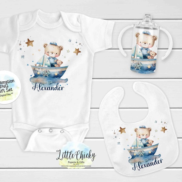 Sublimation Gift Set Files, Little Sailor Teddy Bear, Baby Bib, Shirt, 12oz Sippy Cup, INSTANT DOWNLOAD, PNG File, Baby Shower Gift