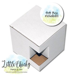 May include: White cardboard gift box with a cutout for a smaller box inside. The box is labeled "Gift Box Included!!!" and has the text "Little Chickie Paperie & Gifts Est. 2019 www.etsy.com/shop/littlechickiepaperie" on the bottom.