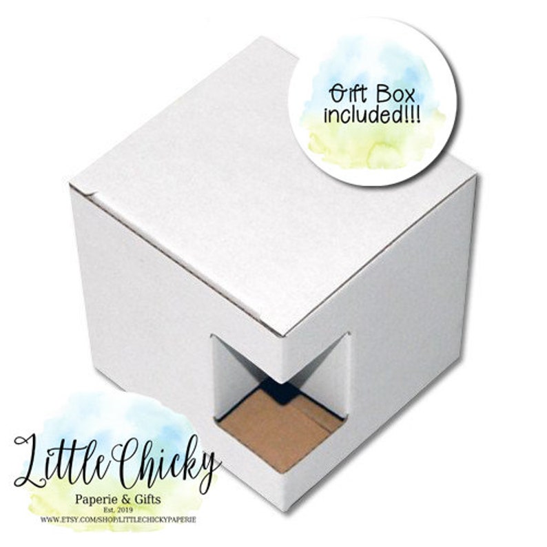 May include: White cardboard gift box with a cutout for a smaller box inside. The box is labeled "Gift Box Included!!!" and has the text "Little Chickie Paperie & Gifts Est. 2019 www.etsy.com/shop/littlechickiepaperie" on the bottom.