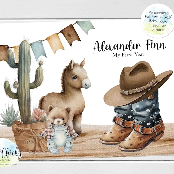 Cowboy Baby Keepsake Journal, Personalized Cowboy Boots Baby Book, Milestone Stickers, First Five Years, Baby Book, Baby Shower Gift