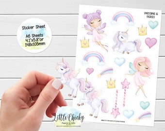 Sticker Sheet - Unicorns & Fairies, Planner Stickers, Scrapbook Stickers, Unicorn Stickers, Fairy Stickers, Journal Stickers, Baby Stickers