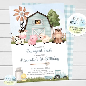 Pode incluir: Um convite digital azul e branco para um Barnyard Bash para celebrar o primeiro aniversário de Alexander. O convite apresenta uma ilustração em aquarela de um celeiro, um moinho de vento, uma vaca, um porco, um cordeiro e um cavalo. O texto do convite diz: "Junte-se a nós para um Barnyard Bash enquanto celebramos o primeiro aniversário de Alexander".