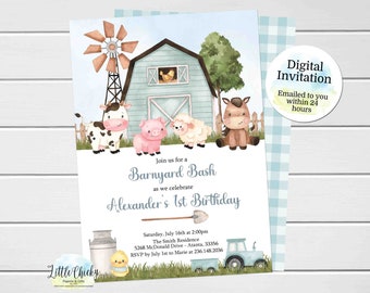 Farm birthday invitation, Boy Farm Birthday Invitation, 1st Birthday invitation, Blue Barnyard Bash Birthday Invitation, Digital Invitation