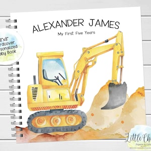 Construction Vehicles Baby Keepsake Journal, Personalized Baby Book, Milestone Stickers, First Five Years, Baby Book, Baby Shower Gift