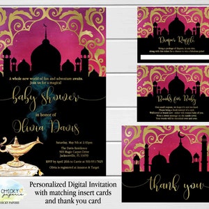 Arabian Nights Pink and Gold Baby Shower invitation set with Thank you Card, Diaper Raffle Card, Books for Baby Cards, Digital Invitations