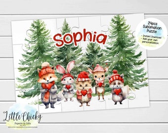 Valentinstag Waldtiere 24-teiliges Puzzle, Puzzle Sublimationsdesign, SOFORTIGER DOWNLOAD, Kindergeschenk, DIY Puzzle