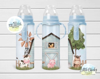 May include: Three 8oz baby bottles with sublimation designs featuring a farm theme. The designs include a blue barn, a windmill, a cow, a pig, a horse, and a tree. The text "Little Chickie" is visible at the bottom of the image.