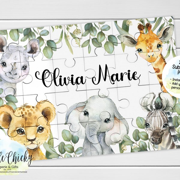 Safari Animals 24pc Puzzle,Jungle Animals Sublimation Design, INSTANT DOWNLOAD, Add your own Personalization, Children's Gift, DIY Puzzle