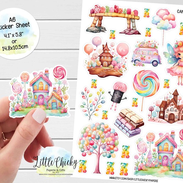 Sticker Sheet - Candyland Planner Stickers, Candy Scrapbook Stickers, Watercolor Candy Stickers, Journal Stickers, Birthday Stickers