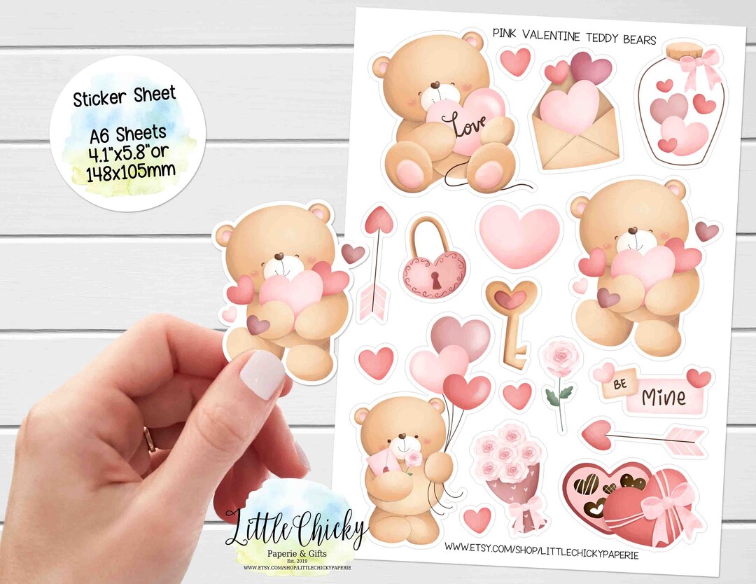 Sticker Sheet - Pink Valentine's Day Teddy Bear Stickers, Planner