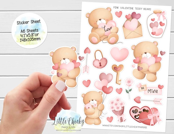 Sticker Sheet - Pink Valentine's Day Teddy Bear Stickers, Planner