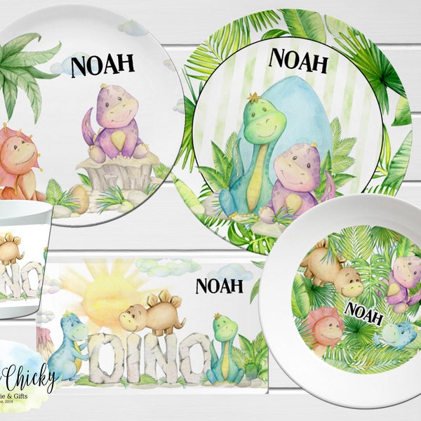 Dinosaur Children's Plate set, Dinosaur Personalized Plate, Cup, Melamine Plate, Birthday Gift, First Birthday, Baby Gift, Boy Gift