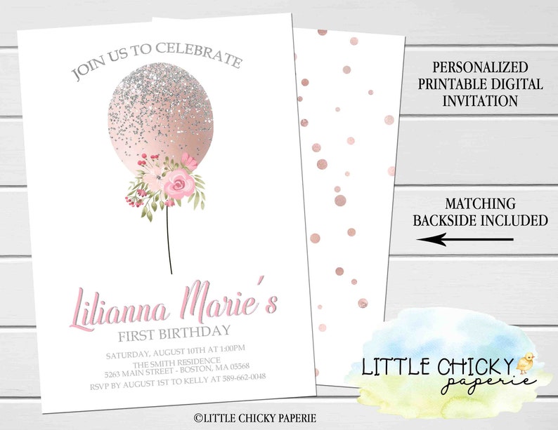 Balloon Birthday Invitation Pink and Silver Floral Balloon | Etsy