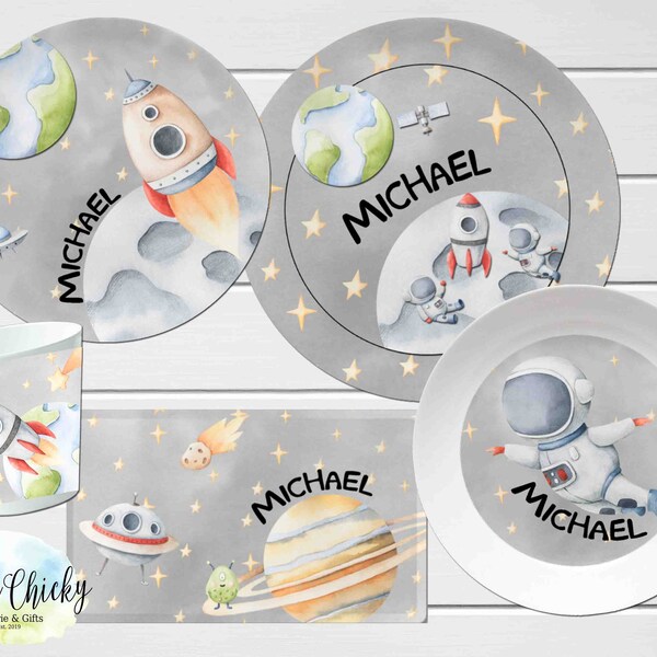 Space Children's Plate set, Outer Space Personalized Plate, Astronauts, Cup, Melamine Plate, Birthday Gift, First Birthday, Baby Gift