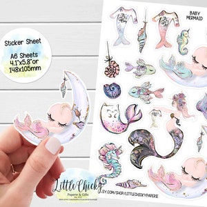 Feuille d'autocollants - Stickers bébé sirène, Stickers agenda bébé, Stickers album, Stickers carnet de notes, Stickers bébé, Stickers sirène